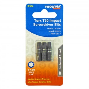 Torx T30 x 25mm Impact Insert Bit Pack of 3